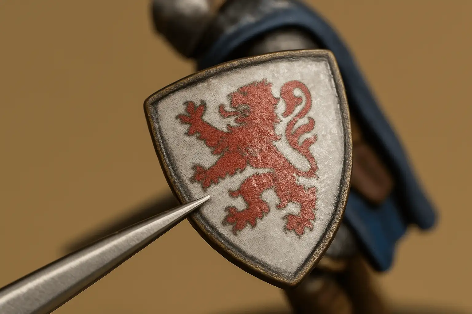 Silvering: a cloudy, frosted film around a red lion transfer on a shield